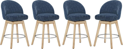 LUE BONA 360° Swivel Bar Stools Set of 4, 26" Wood Legs, Fabric Blue