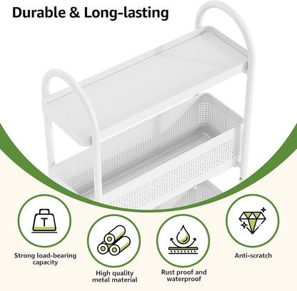 KINGRACK 3 Tier Slim Rolling Cart with Drawer, Metal Utility Storage Cart | 2 Pull-out Baskets, Lockable Wheels, Narrow Space Trolley Organizer for Bathroom, Kitchen, Office, Dorm, Laundry Room, White