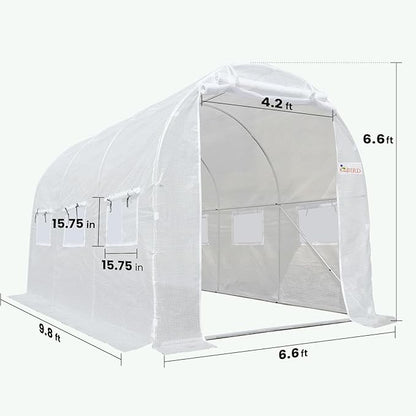 KING BIRD Premium 10x6.6x6.6FT Greenhouse for Outdoors, Large Walk-in Heavy Duty Galvanized Steel Frame, Mesh Door Screen Window Upgraded Zipper Tunnel Hoop for Garden Plant Winter, White