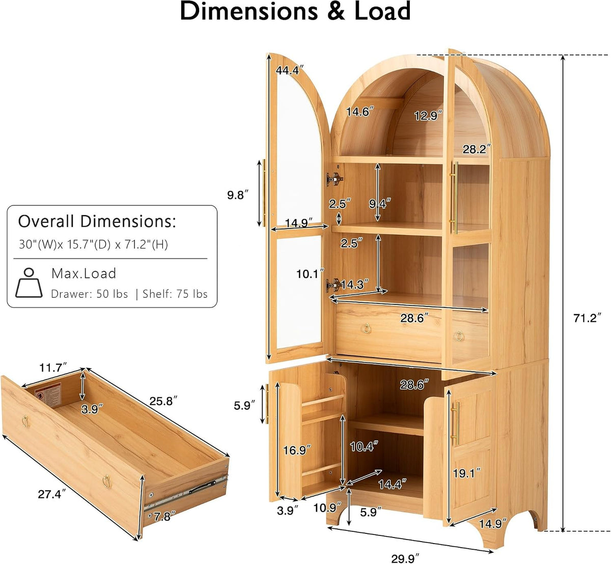 SOFTSEA Arched Kitchen Pantry Cabinet, with Hidden Drawer & Glass Door, 71" Tall Farmhouse Storage Cabinet with Open & Adjustable Shelves, Kitchen Hutch with Door Shelves for Living Room, Natural