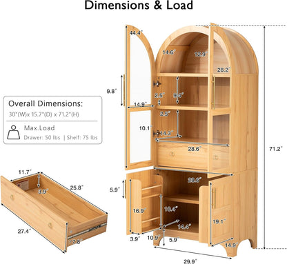 71" Tall Arched Kitchen Pantry Cabinet with Door Shelves, Farmhouse Storage Cabinet with Open & Adjustable Shelves, Hidden Drawer & Glass Door, Cupboard for Kitchen, Dining Room (Natural)