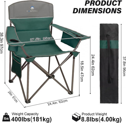 Oversized Camping Chairs 2 Pack - Heavy Duty 400LBS Padded Lawn Chair with Cooler Bag,Cup Holder,Side Pocket,Collapsible for Outdoor,Camp,Fishing & Garden,Dark Green