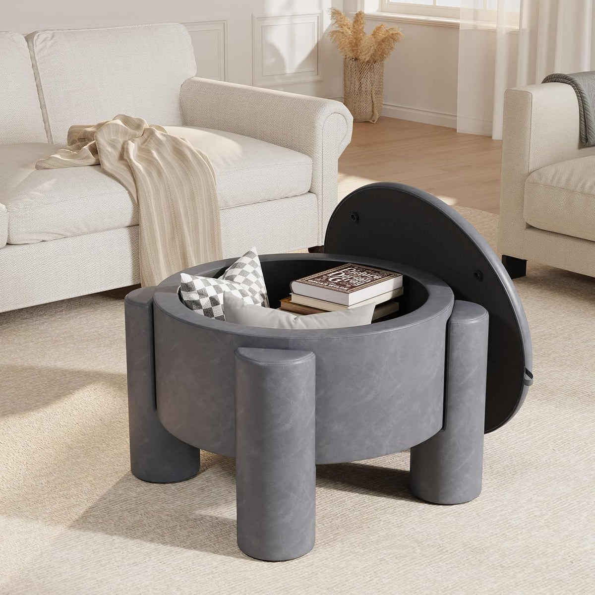 FiveWillowise 24 Inch Round Small Ottoman with Storage,Faux Leather | 24" Coffee Table,Storage Ottomans with Removable Top,Upholstered Vanity Stool for Small Spaces,Living Room,Apartment,Grey