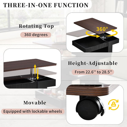 Lift Top End Table with Wheels, Rotating Sofa Side Table, 360°Rotating Top & Storage Space for Living Room, Bedroom, Small Space (Black+Brown)