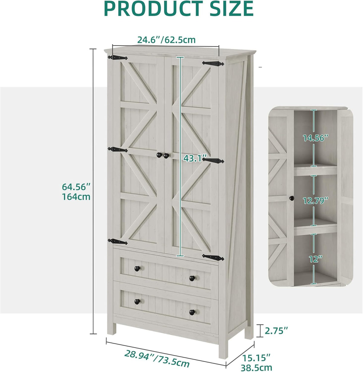 YITAHOME 64.5" Tall Kitchen Pantry Cabinet, Farmhouse Pantry Storage Cabinet with 2 Drawers & Adjustable Shelves, Ideal for Living Room, Kitchen or Hallway, White