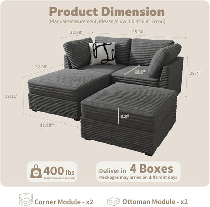HOOOWOOO Cloud Sectional Couch,Modular L Shaped Sofa for Living Room,65x65 Free Combination 4 Seaters Couches Chaise Set with Ottomans(Wide Wale Plush Corduroy Charcoal Gray)