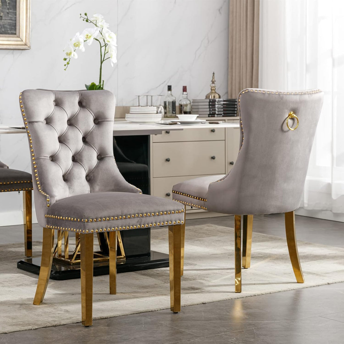 Marble Dining Table Set for 6, Rectangular 68.11" Dining Room Table with 6 Gray Dining Chairs, White&Gold Dining Table with Faux Marble Top, Large Dining Table and Chairs Set for Home Furniture