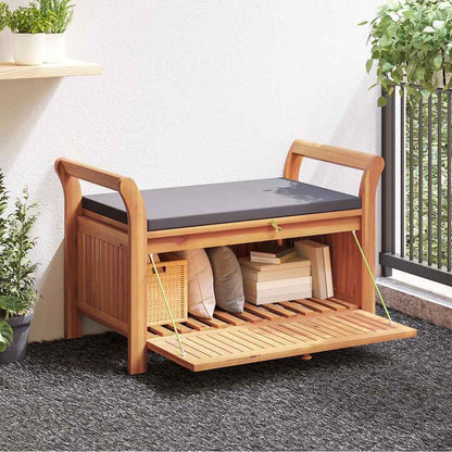 Solid Acacia Wood Patio Storage Bench with Cushion, 35.8 Inch Outdoor Bench for Garden, Curved Arms, Ample Storage for Pillows and Blankets