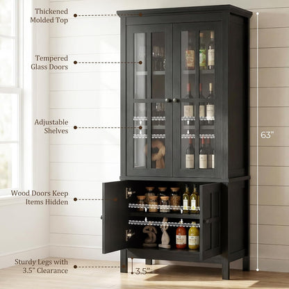 Farmhouse 63" Kitchen Pantry Storage Cabinet with Glass Doors & Hidden Storage, Display Kitchen Hutch Cupboard with Adjustable Shelves for Dining Room, Living Room Home Office