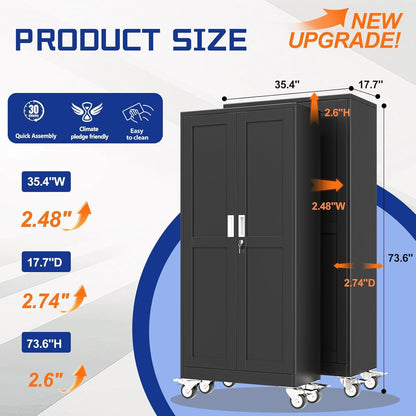 GAIOUS 73.6” Tall Metal Garage Storage Cabinet with Lock, Steel Tool Cabinet with 5 Adjustable Shelves, New Upgrade Lockable File Cabinet with Wheels, Organization for Home Office Garage Gym - Black