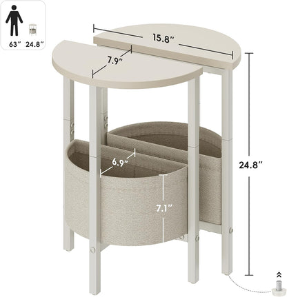 Vagusicc Small Round Side Table End Table, Tall Accent Table with Storage Basket, Set of 2 Half Round Tables Half Moon Tables, Coffee Bedside Tables, Modern Nightstand for Living Room Bedroom, Cream