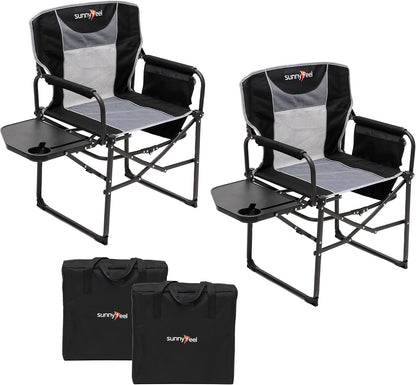 SUNNYFEEL Oversized Camping Chair Portable Directors Chairs with Side Table | Heavy Duty Folding Lawn Chair for Adults 300LBS with Compact Size, Breathable Mesh, Pocket & Carry Bag for Outdoor, Lawn, RV