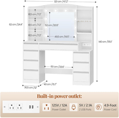 HEXCELEN 47" Vanity Desk with LED Lights, 8 Drawers, 20" Mirror, 2AC+2USB Charging, FSC Wood White Makeup Vanity