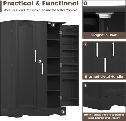 kepptory 47" Kitchen Pantry, Farmhouse Storage Cabinet with Barn Doors, Organizer, Pantry Cabinet with Lock Door and Adjustable Shelves, Rustic Wood Cupboard for Kitchen, Dining Room, Bathroom, Black