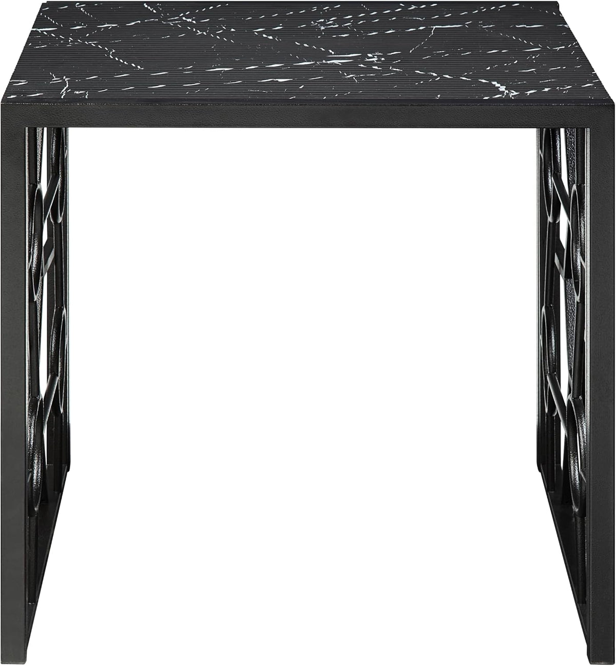 Polay 3pc Stylish Occasional Table Set Marble Print Tempered Glass Top | Features marble print tempered glass tops, metal base with lower shelf for storage. Ideal for modern living room, office