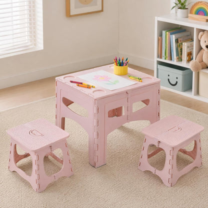 Kids Folding Table and 2 Chairs, Portable Plastic Activity Set, Light Pink | Rounded Corners, Easy Setup, Compact Storage, Lightweight Design for Crafts, Snacks, and Picnics