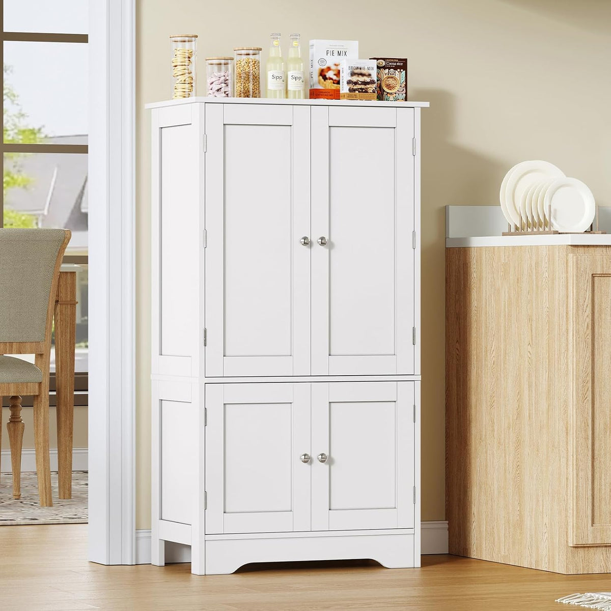 TEENFON 43'H Pantry Cabinet with 4 Doors, Kitchen Cabinet with 6 Door Shelves, Storage Cabinet-Kitchen Pantry for Living Room, Dining Room, Bathroom, White
