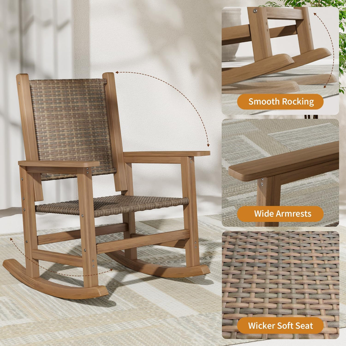 HDPE Outdoor Rocking Chair Set of 2, Wicker Patio Rocking Chair for Adult, All Weather Rocking Chair Outdoor for Porch, Garden, Lawn, and Balcony (Brown)