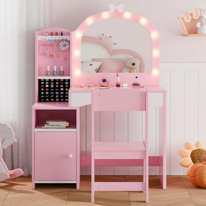 MU Kids Vanity, Girl Vanity Set with Mirror and Chair, 2 in 1 Toddler Makeup Vanity Table with Jewelry Storage, Wooden Princess Makeup Desk Dressing Table for Little Girls, Pink