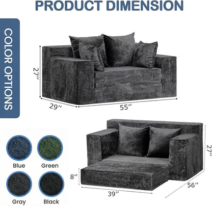 Couch Small, 3-in-1 Loveseat Sleeper Sofa Bed Convertible Sofa Bed with 4 Pillows, Black Couch for Living Room, Guest Room, Small Space
