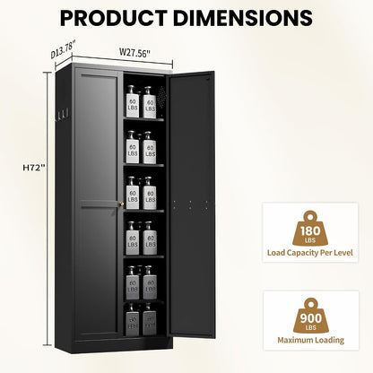 Kitchen Pantry Cabinet, 72" Tall Black Metal Storage Cabinet, Kitchen Storage with 2 Doors and 5 Adjustable Shelves, Freestanding Cupboard for Living, Dining Room and Bathroom,Assemble Required