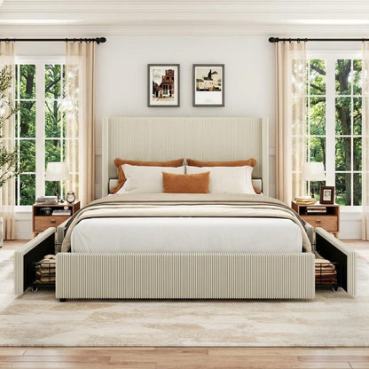 King Bed Frame with 4 Storage Drawers, Corduroy Upholstered Platform Bed