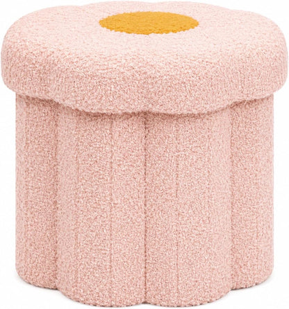 Flower Boucle Storage Ottoman, 12.6" Small Footstool with Padded Seat, Folding Sherpa Foot Rest for Sofa, Floral Accent Side Table for Living Room, Bedroom, Dorm, Pink