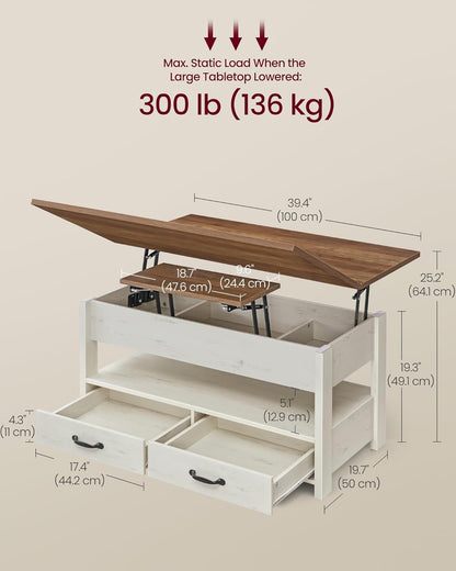 VASAGLE Coffee Table Lift Top, 3 in 1 Center Table with Storage, Gas Spring, 2 Drawers and 3 Hidden Compartments, Open Shelf, for Living Room, Home Office, Honey Brown and Rustic White ULCT254W01