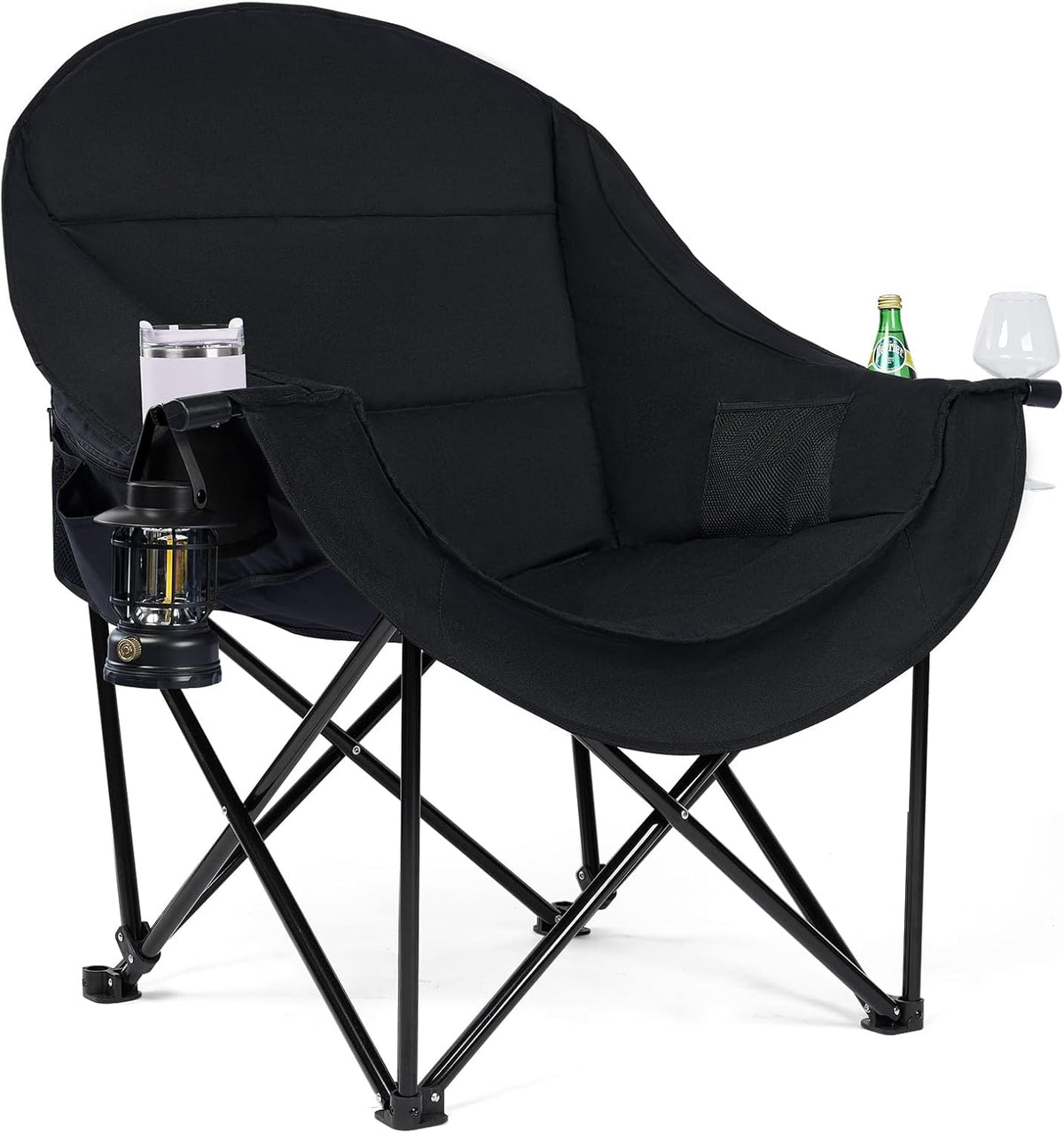 Oversized Camping Chairs for Adult - Heavy Duty Padded Portable Folding Chair XL Collapsible Camp Chair with Cup Holder Side Pocket for Outdoor Lawn Beach Sport Fishing Support 500LBS, Black