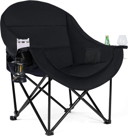 Oversized Camping Chairs for Adult - Heavy Duty Padded Portable Folding Chair XL Collapsible Camp Chair with Cup Holder Side Pocket for Outdoor Lawn Beach Sport Fishing Support 500LBS, Black