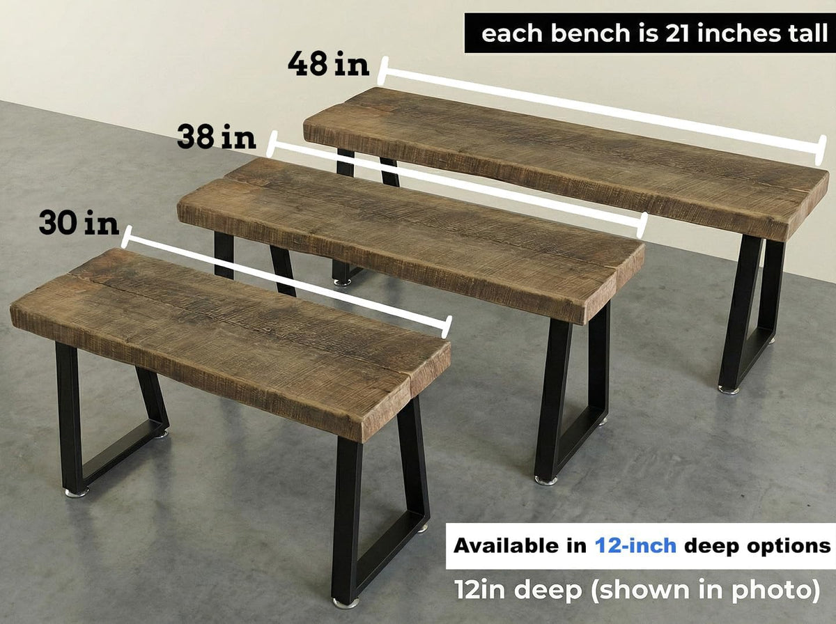 Rustic Revival Reclaimed Barnwood Bench, Solid Wood with Metal Base, Modern Farmhouse Style, 2-Inch Thick Top, for Entryway, Bedroom, Living Room (30x12)