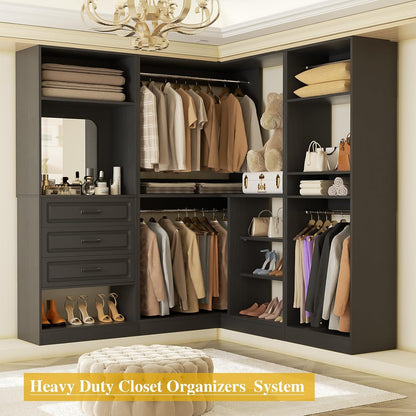 Unikito 86" Wood Modular Corner Closet System with Drawers & Mirror, Black | Freestanding wardrobe organizer with hanging rods and adjustable shelves, walk-in closet garment rack storage tower.