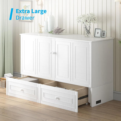 Mjkone Murphy Cabinet Bed Queen Size White No Mattress | with Tri-Folding Mattress, 2 Storage Drawers & USB Charging Station, Wooden Wall Chest Bed