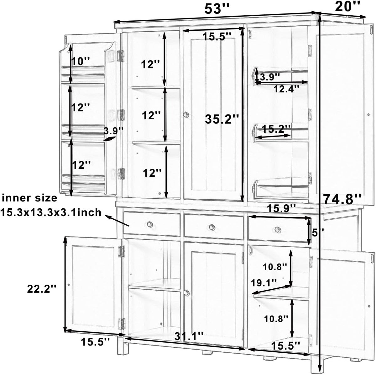 Harper & Bright Designs Kitchen Pantry Storage Cabinet with Door Shelves, Adjustable Shelves, Pull-Out Trays and Drawers, Freestanding Cupboard for Kitchen, Dining Room, Living Room,Grey