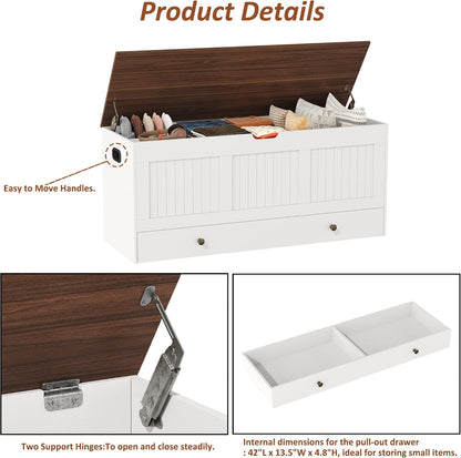 HOMEFORT 44.3" Storage Chest with 2 Drawers, Retro Wooden Storage Trunk with 2 Safety Hinges,Large Shoe Bench with Storage for Entryway, Storage Bench for Bedroom, Living Room, White and Brown