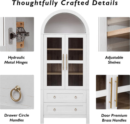 71" Tall Arched Kitchen Pantry Cabinet, Modern Farmhouse Freestanding Food Storage Cabinet with 2 Large Drawers & Adjustable Shelves, Glass Door Wood Cupboard for Kitchen & Dining Room,White