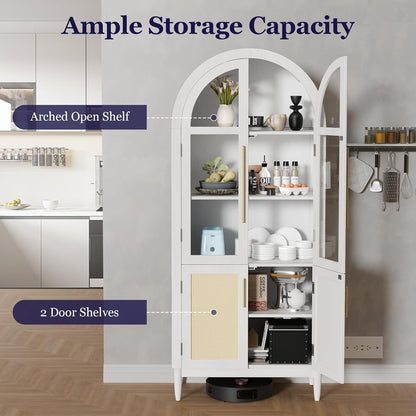 71" Tall Arched Cabinet with Glass Doors, Kitchen Pantry Storage Cabinet with Dust-Proof Rattan, 5-Tier Curio China Cabinet with Adjustable Shelves for Living Room Dining Room, White