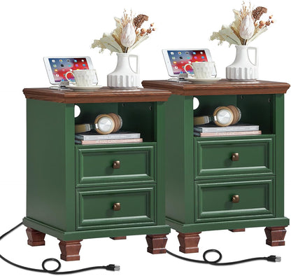 SAVOR LIFE Farmhouse Nightstand Set of 2 with Charging Station, Green | End Tables Bedroom with 2 Drawers, Traditional Night Stand with Open Shelf & Thickened Top & Square Wooden Legs