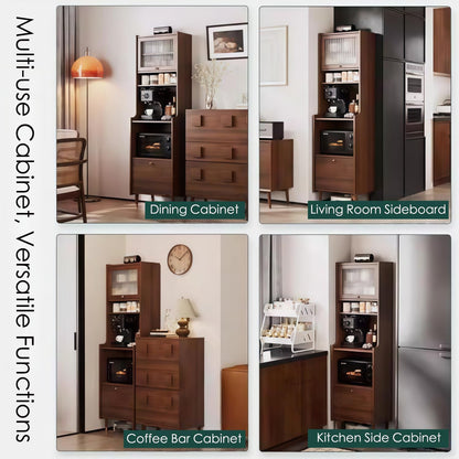 Kavie Solid Wood Kitchen Pantry Cabinet, Narrow Tall Sideboard with Acrylic Doors & Appliance Space, Modern Vintage Tea Station (Black,19.6" L*15.7" W*68.5" H)