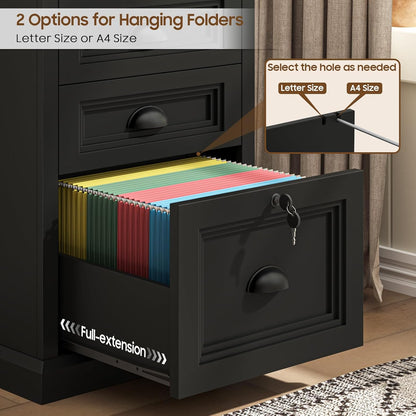 Halitaa Vertical File Cabinet, Filing Cabinet with 3 File Drawers & Lock, Farmhouse Small File Cabinet Fits Letter/A4 Size, Wooden Printer Stand, Home Office Cabinet, Black