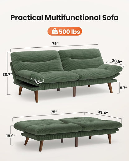 Amada 75" Convertible Futon Sofa Bed, Corduroy Folding Futon Set with Adjustable Backrest &Armrests, Recliner Lounge for Living Room, Apartment or Office, Solid Wood Frame, Loveseat Sofa -Forest Green