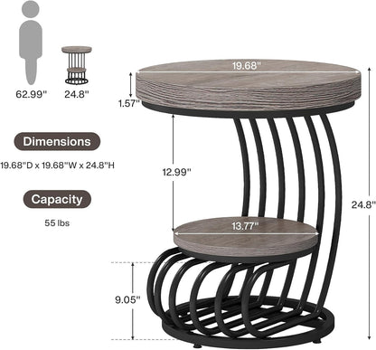 Tribesigns Round End Table, 2-Tier Farmhose Wood Side Table with Shelf Storage, Small Sofa Side Bedside Nightstand, Arc-Shaped Frame Accent Furniture for Living Room, Grey