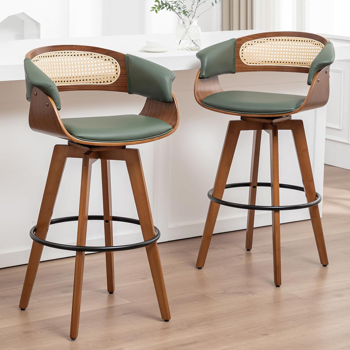 Rattan Swivel Counter Stools, Mid Century Modern Counter Stools with Back | Natural Bentwood Frame, Walnut Crafts, Curved Arms, Faux Leather Upholstered Seat, Swivel Counter Stools for Island, Kitchen