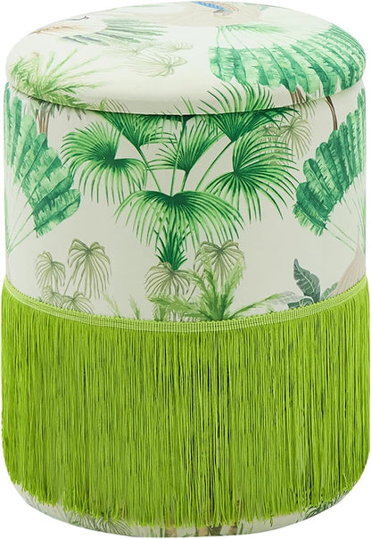 Round Fringe Ottoman with Storage, Farmhouse Tassel Velvet Footrest Stool, Flip Top Vanity Ottoman Chair for Living Room Bedroom