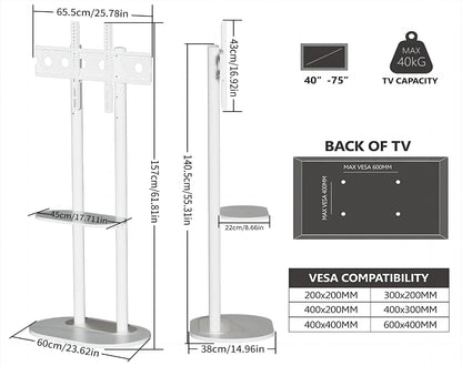 unho White Floor TV Stand with Shelf for 45-75 inch Flat LCD LED Screen TVs | Sintered Stone TV Stands Height Adjustable Heavy Base Standing TV Mount VESA 600x400 for Restroom Meeting Bedroom
