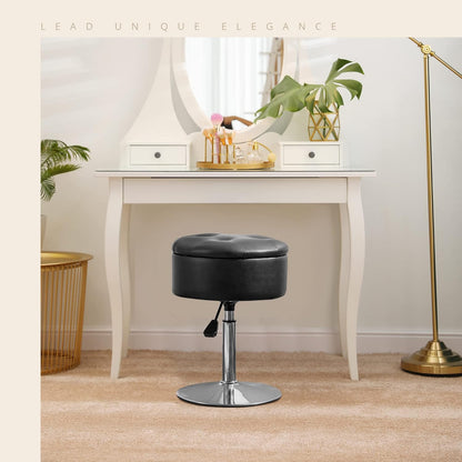 LUE BONA 360°Swivel Vanity Stool Chair for Makeup Room, Height Adjustable Stool for Vanity with Storage, Small Black Faux Leather for Bathroom, Living Room