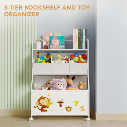 BBLIKE Toy Storage Organizer, Large Toy Box with Wheels for Boys and Girls | 15.8"x24.6"x 35.4", 3 Removable Fabric Toy Bins, Lockable Wheels, Stuffed Animal Organizer, Toy Chest Storage for Playroom
