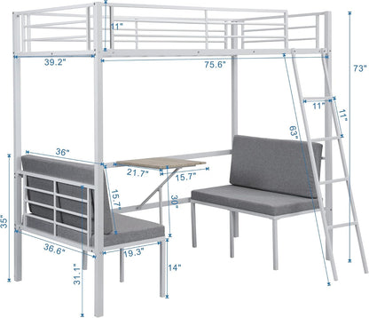 Twin Size Metal Loft Bed with Built-in Wooden Table and Upholstery Chairs Set for Kids Teens, Full Length Guardrails Inclined Ladder, Bedroom, Dorm, Space Saving (White-with Built-in Table)