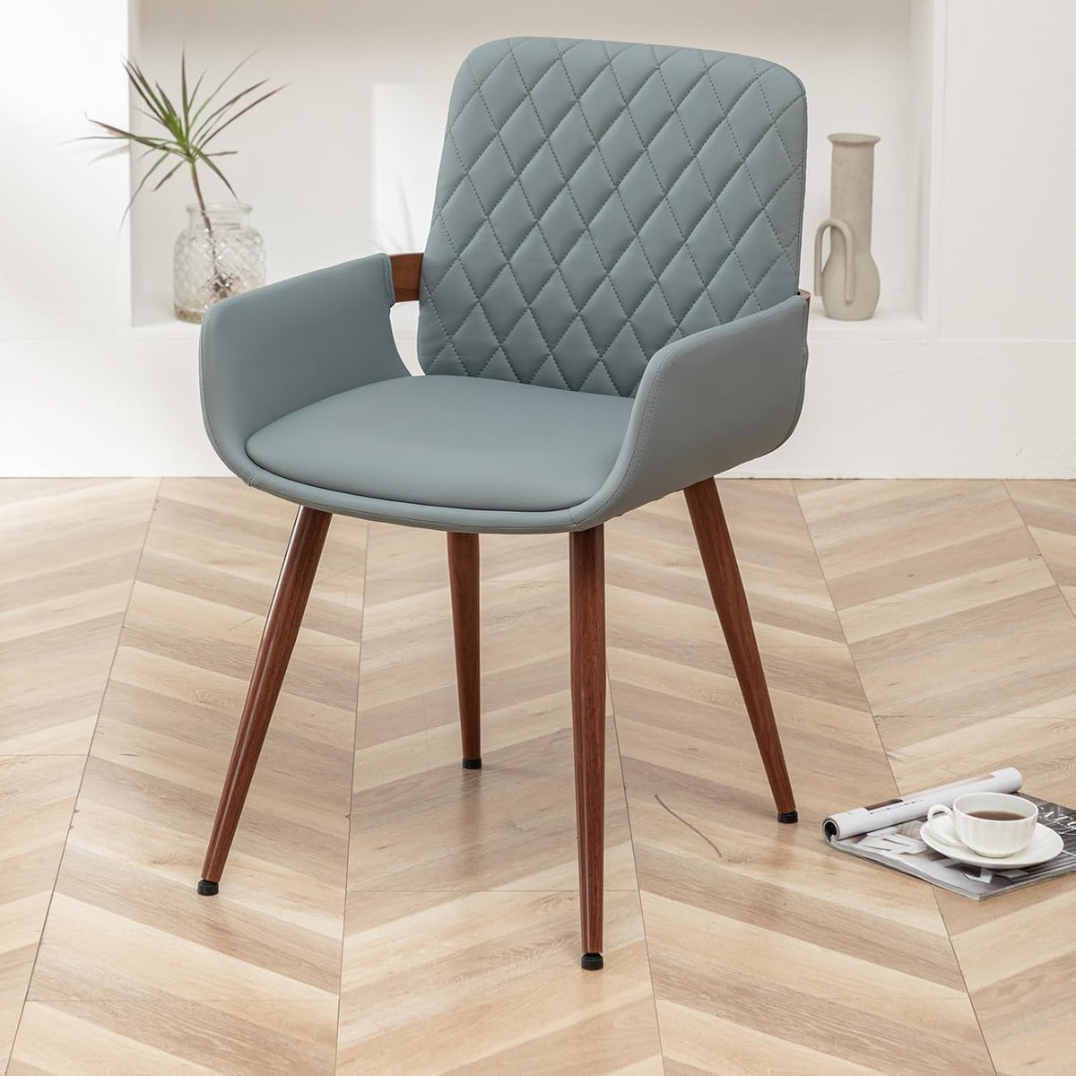 LUNLING Mid Century Modern Faux Leather Dining Room Chairs Set of 4,Upholstered Seat Metal Legs Chairs Blue Faux Leather Kitchen Chair Reception Room Chair,4PCS