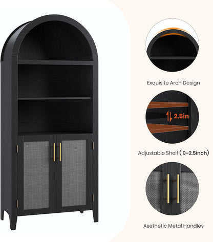 IDEALHOUSE Arched Kitchen Pantry Cabinet with Doors - 5-Tier Open Display Shelf with Rattan Decor, Farmhouse Storage Cabinet for Kitchen, Dining Room, Living Room, Black
